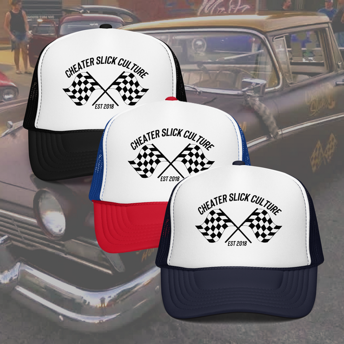 Checkered Flag Trucker Hat (Black Logo)