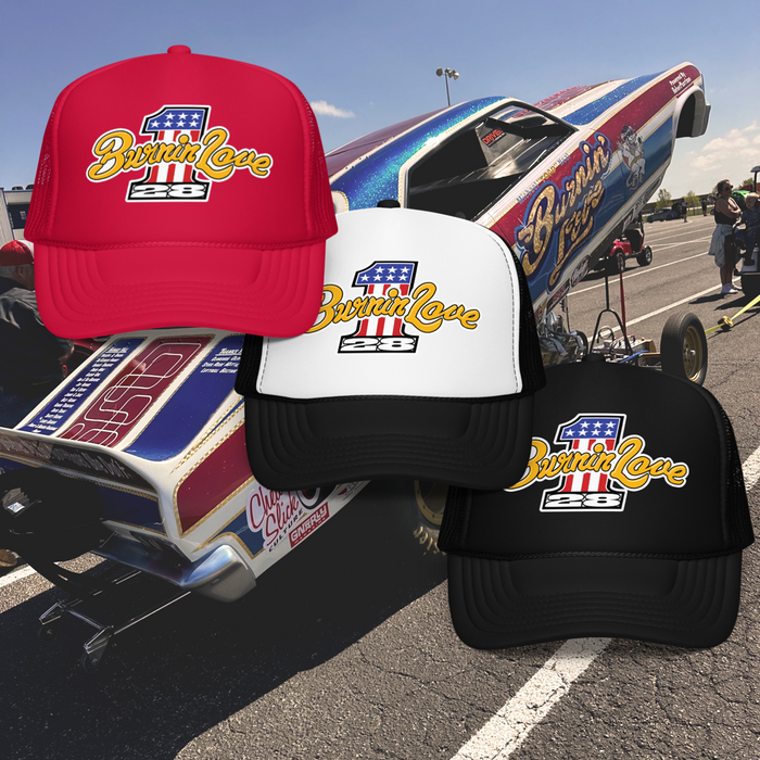 Burnin' Love Funny Car Trucker Hat