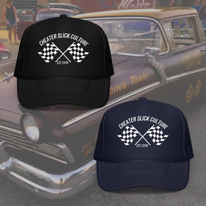 Checkered Flag Trucker Hat (White Logo)